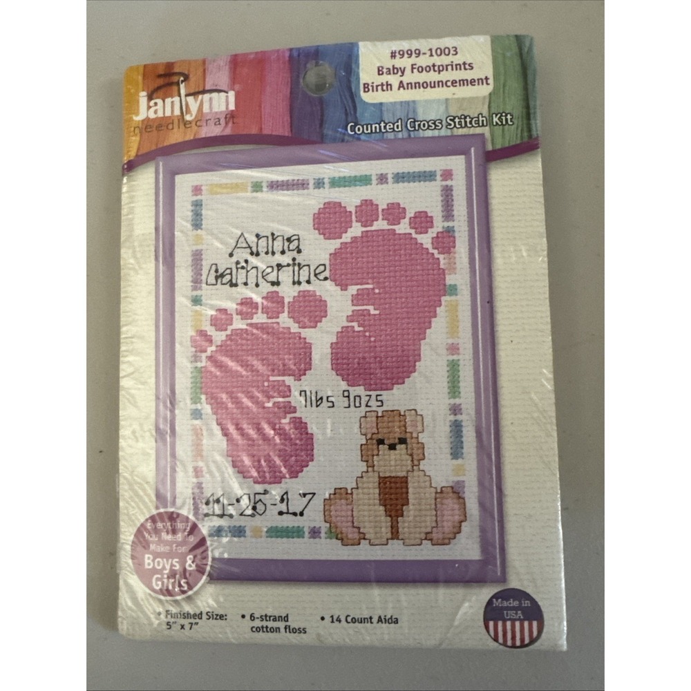 Janlynn Baby Footprints Counted Cross Stitch Kit 999-1003 Announcement Brand New